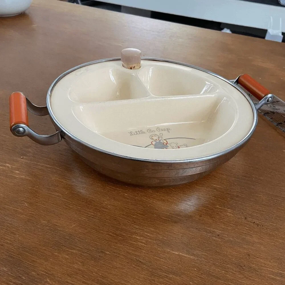 Vintage Little Bo Peep Baby Warming Dish with Chromium Handles, 1940s